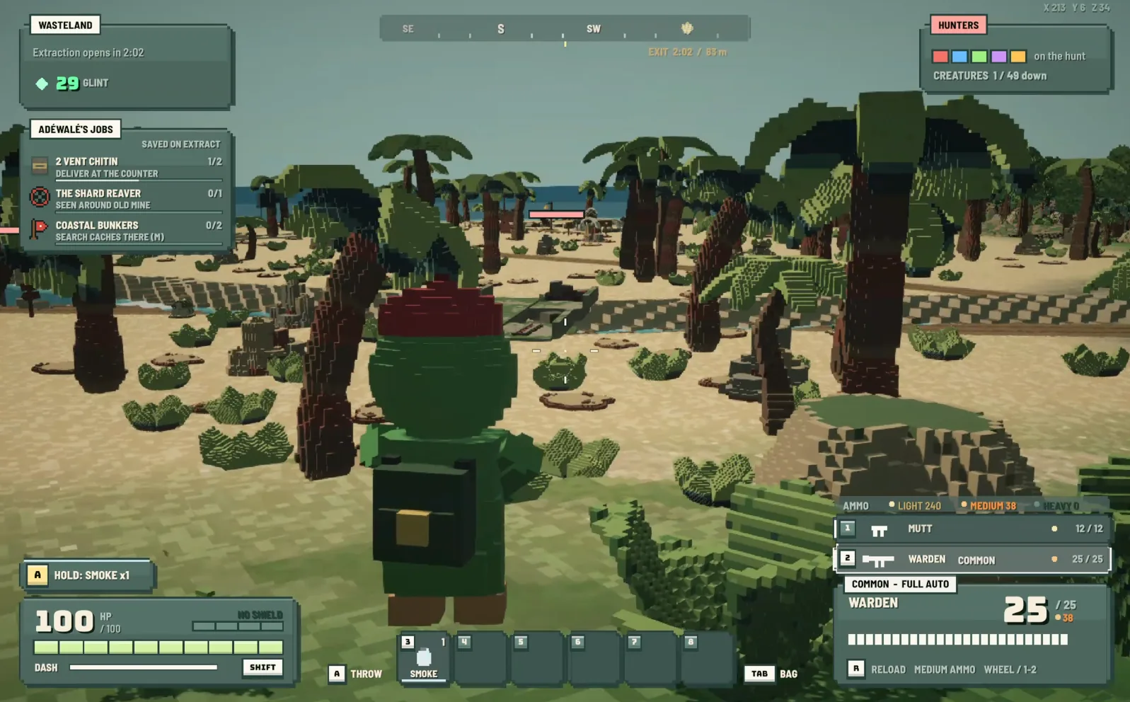 A hunter in a red beanie crossing the beach of the Island of the Resurgence, with jobs and extraction timer on the HUD