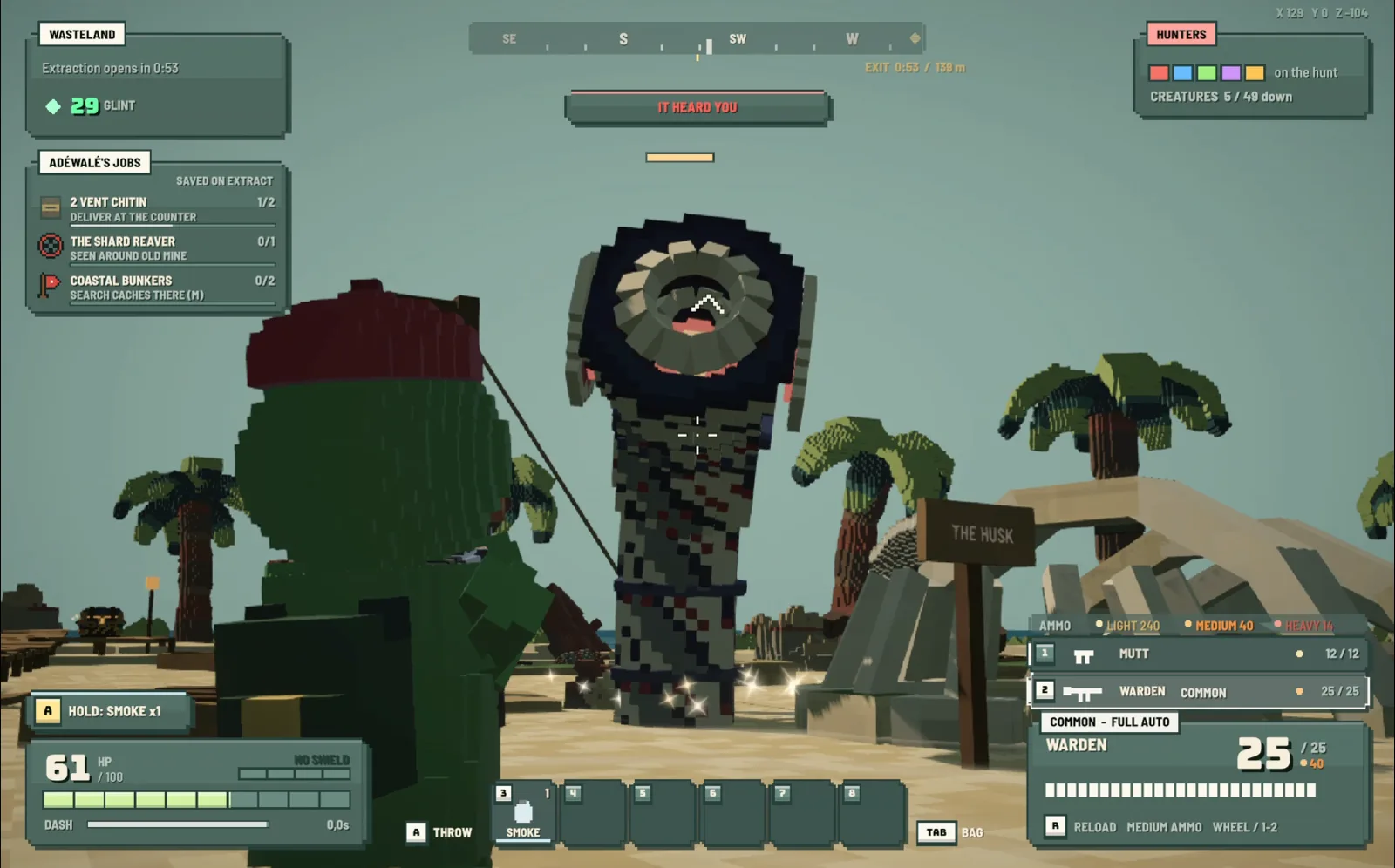 A giant worm creature rising out of the sand next to The Husk, with the warning It heard you