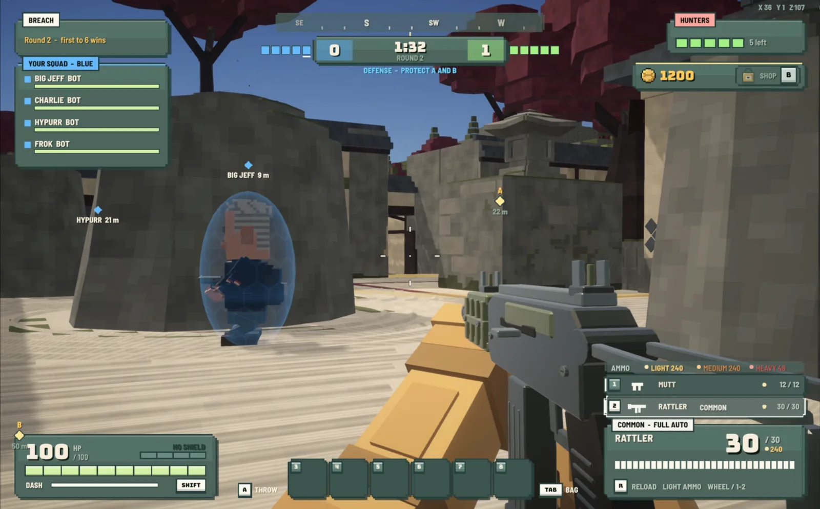 First-person view in BREACH, defending sites A and B with a squadmate behind a bubble shield