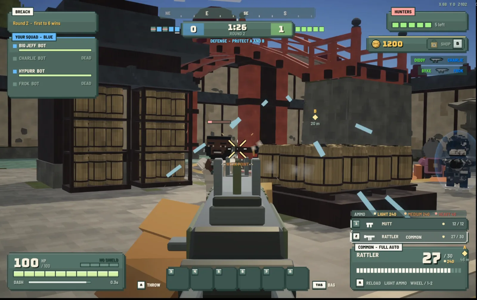 First-person firefight in a temple courtyard with barrels and a red bridge, landing a weak-point hit