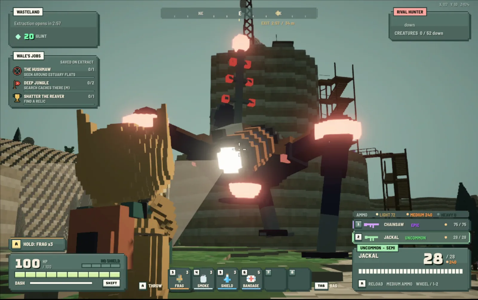 A hunter with a feathered helmet facing a glowing mechanical creature at the foot of an old tower