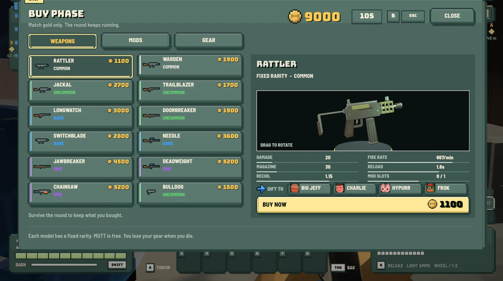 The BREACH buy phase menu listing weapons by rarity, with the Rattler shown in 3D