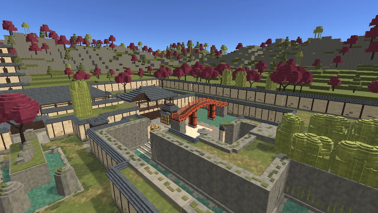KOI GARDEN map: walled Japanese gardens with a red bridge over a koi pond, among maple-covered hills