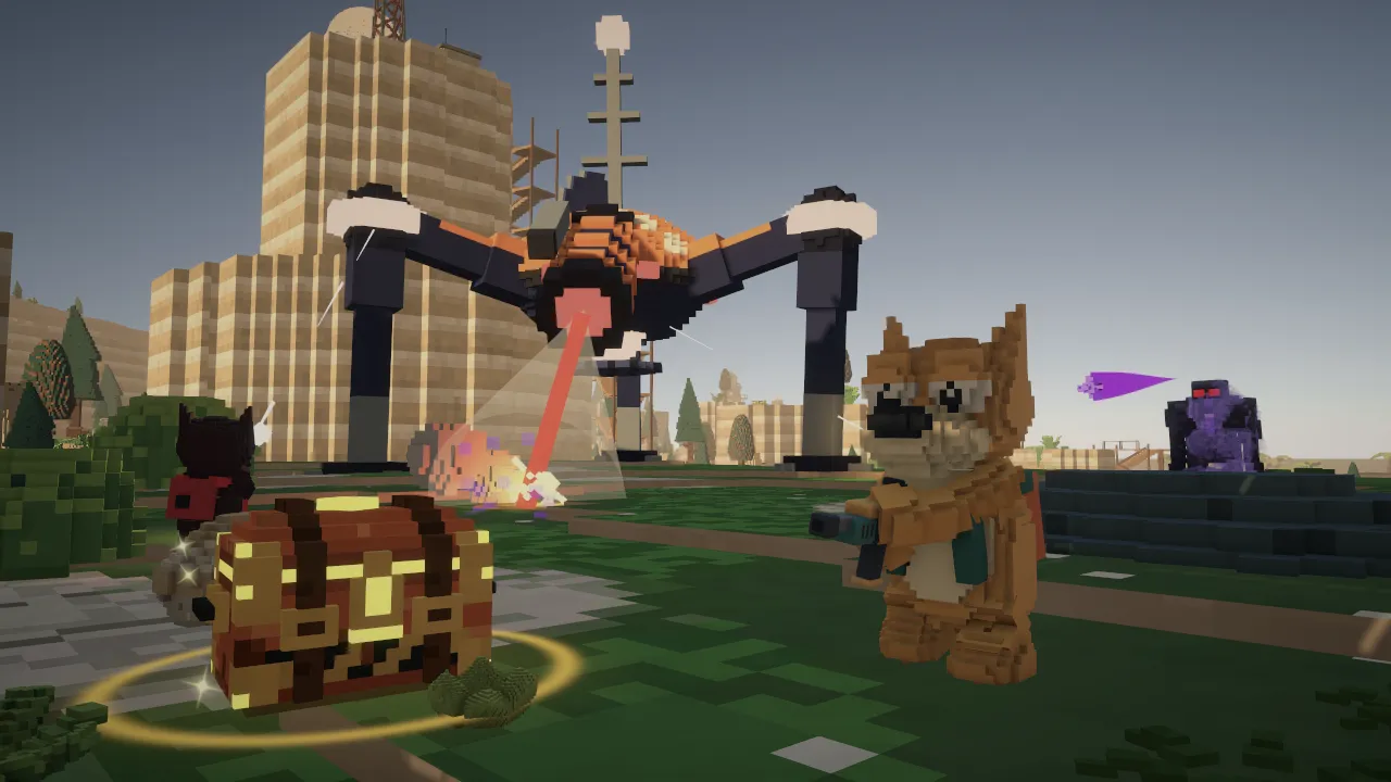 Hunter facing a giant walker boss in the wasteland